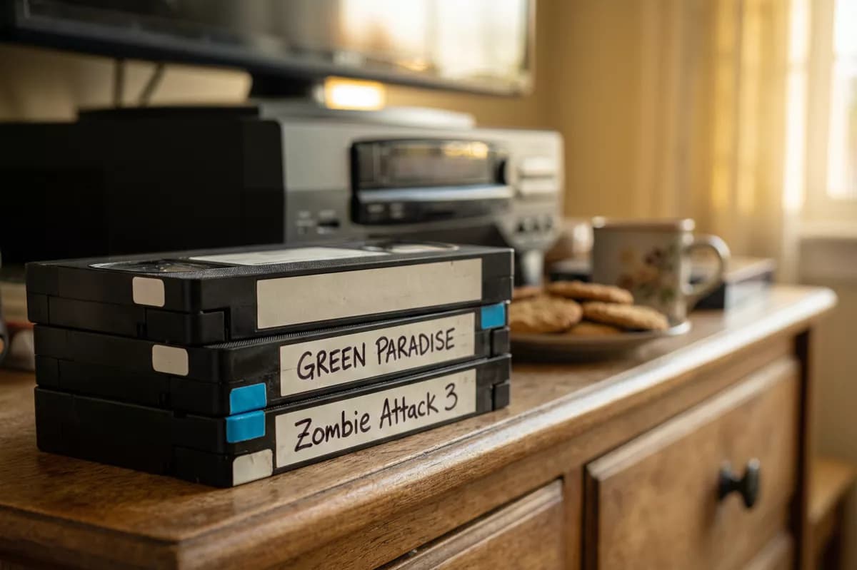 Layout and typography: A close-up of a stack of four VHS cassettes on a wooden media cabinet, shot alon