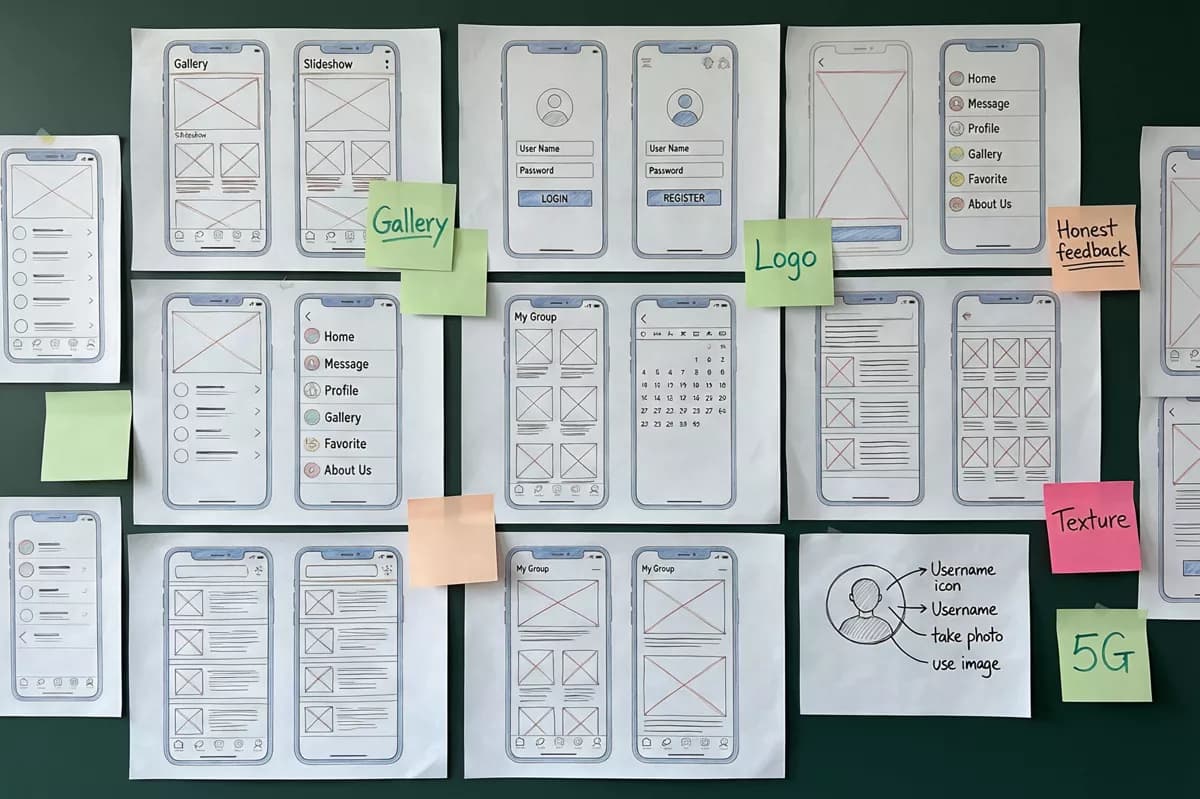 Layout and typography: A UX design wall shot straight on: a dark green surface covered with white paper