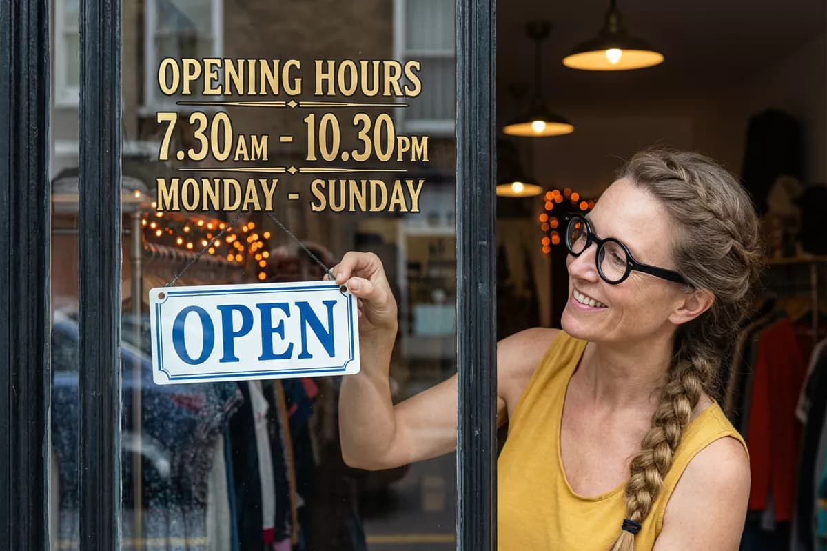 Qwen Image 2.0 Pro — Layout and typography: A woman seen through a shop window as she hangs a sign. She stands inside a diml