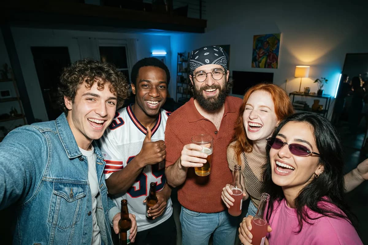 People and lifestyle: A wide-angle group selfie of five friends at a house party, all laughing and cro