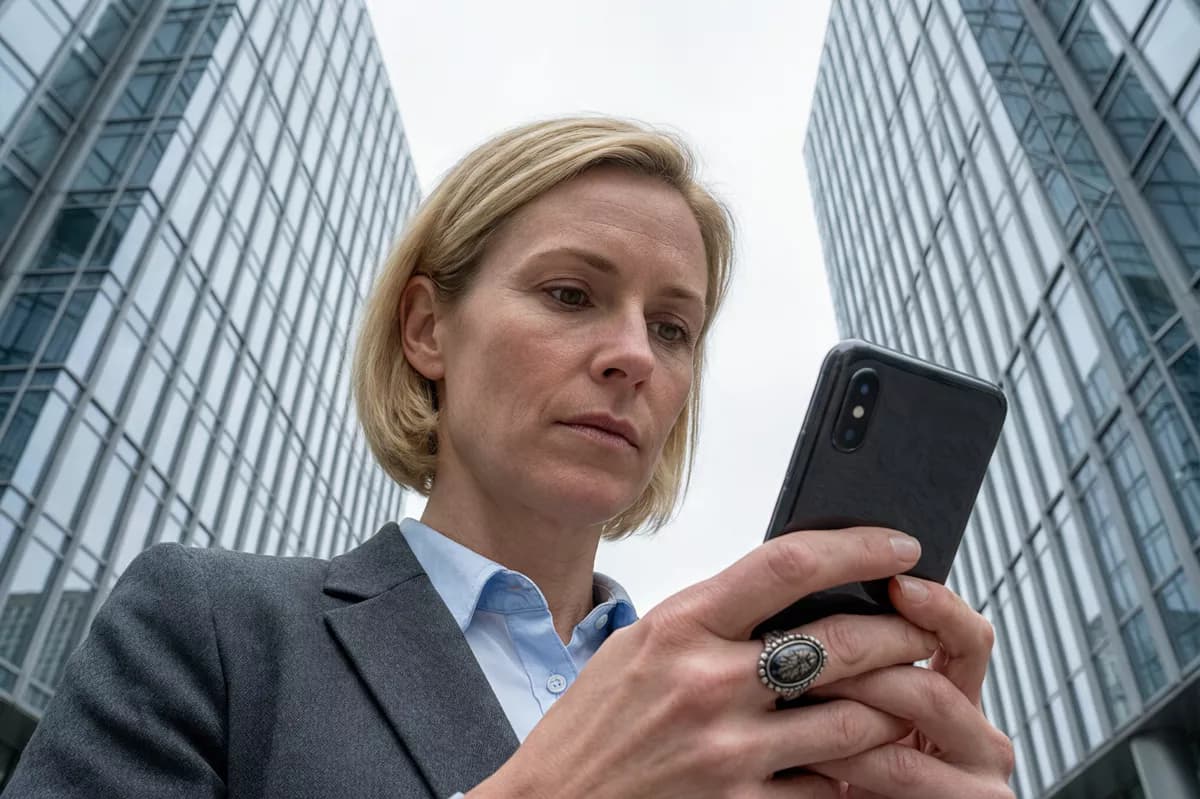 People and lifestyle: A woman in her forties with a short blonde bob, in a charcoal tailored blazer ov