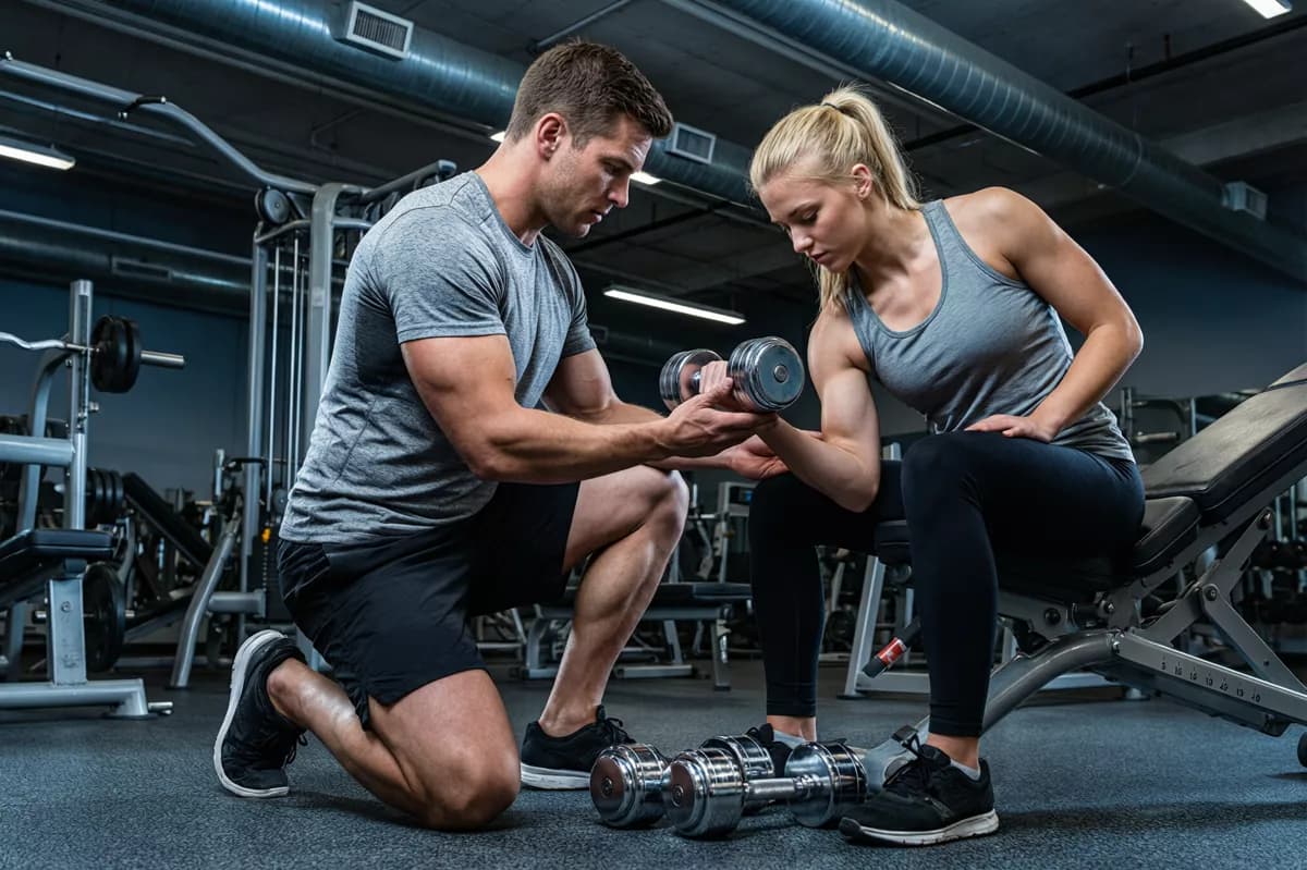 People and lifestyle: A gym scene: a muscular male trainer in a grey t-shirt and black shorts kneels o