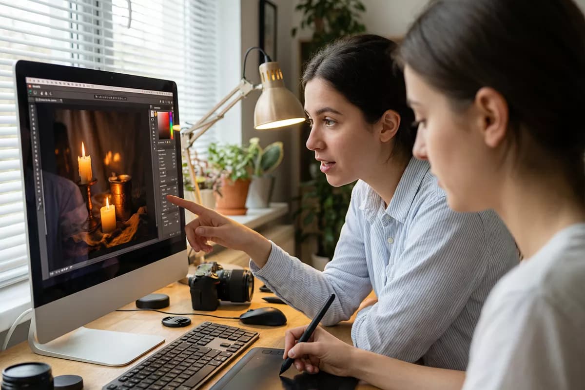 Qwen Image 2.0 Pro — People and lifestyle: Two young women working together at a home-office desk. The one on the left, in 