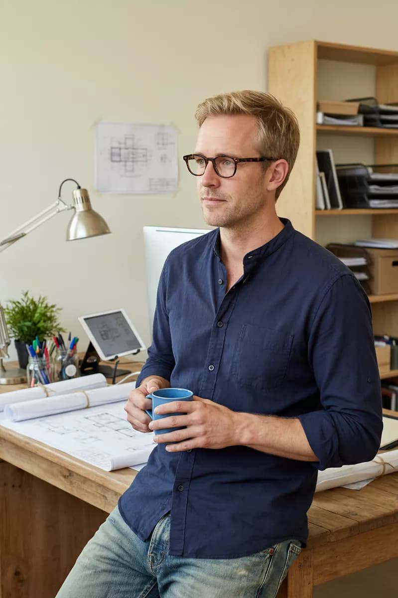 People and lifestyle: A blond man in his thirties with short hair, stubble and dark tortoiseshell glas