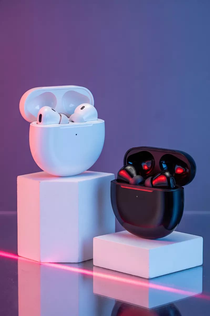 Product and e-commerce: Two wireless earbud charging cases displayed on white geometric podiums, both op