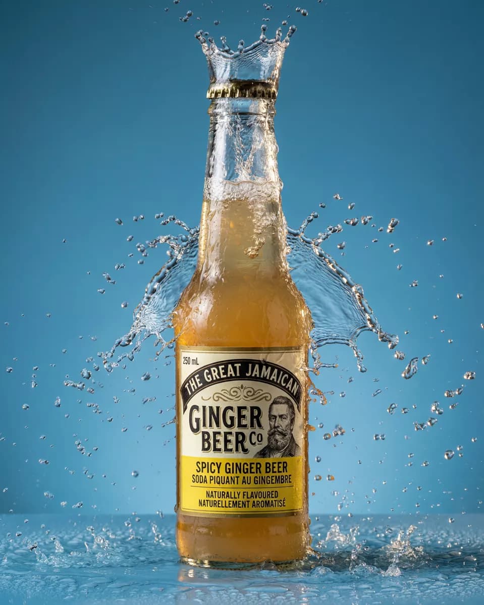 Product and e-commerce: A drinks product shot against a flat mid-blue background. A glass bottle of ging