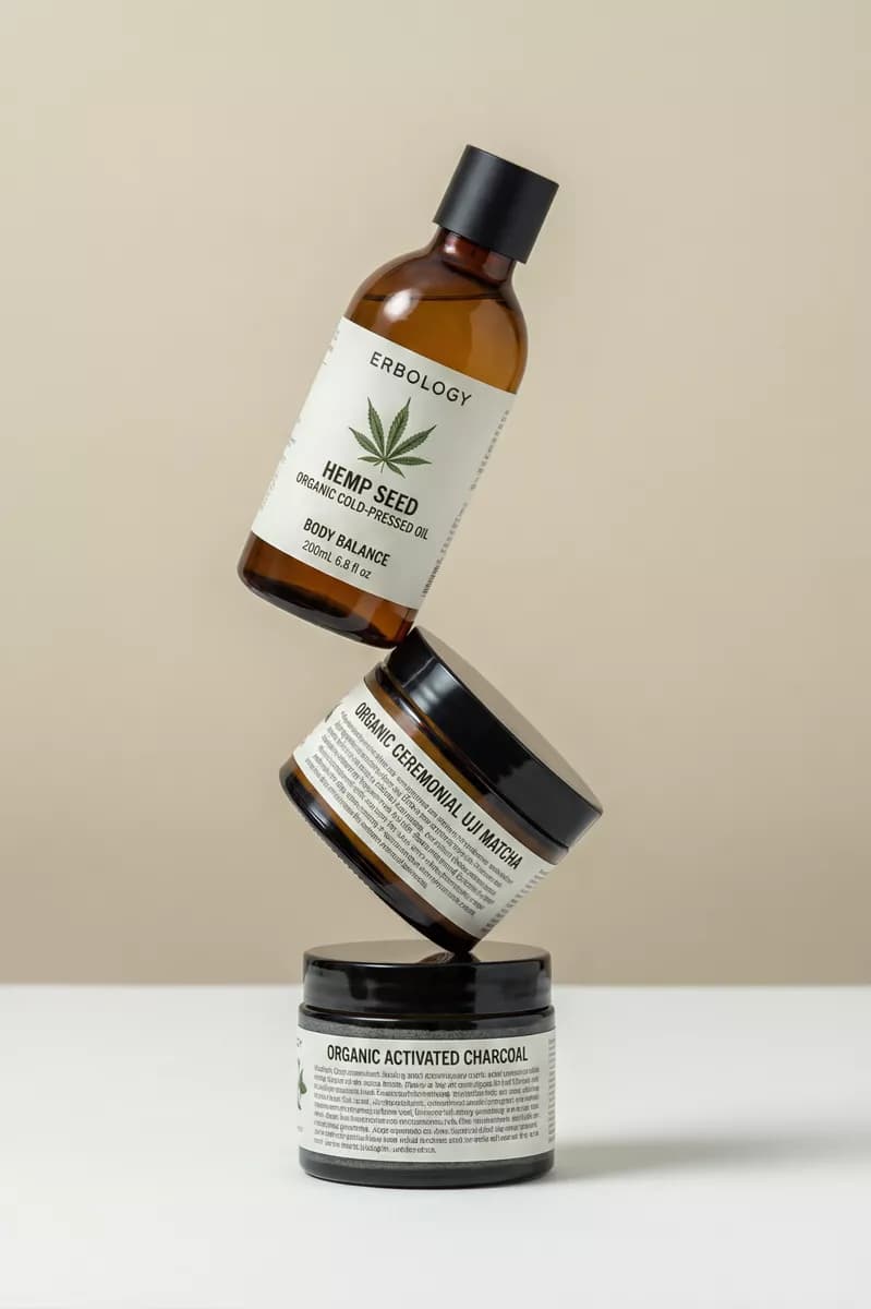 Product and e-commerce: Three amber glass products from one skincare range balanced in an impossible ver