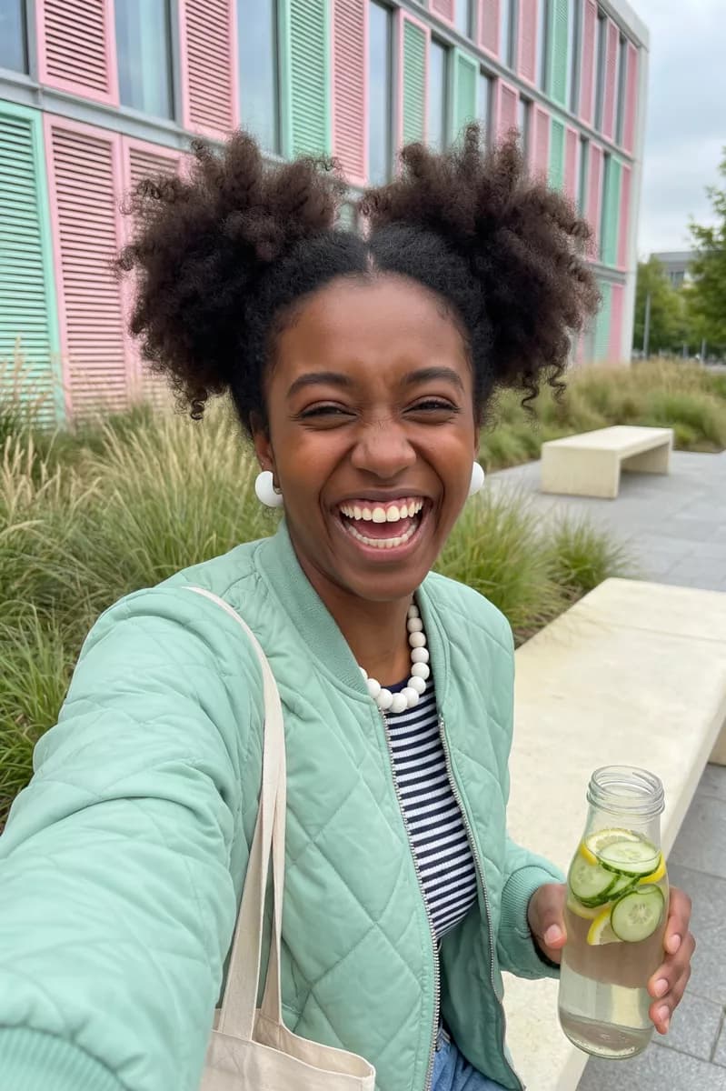 Qwen Image 2.0 Pro — Social marketing: A low-angle outdoor selfie of a young woman with dark curly hair in two afro puf