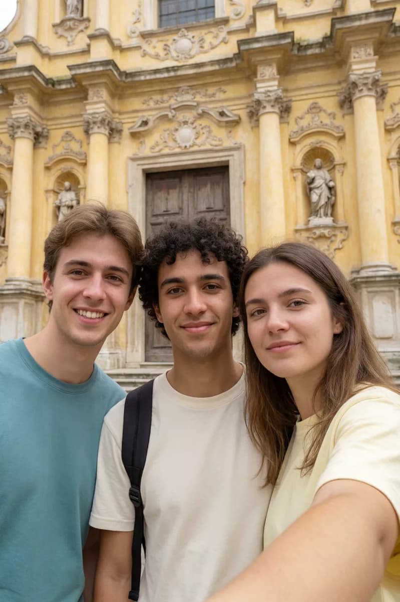 Social marketing: A vertical selfie of three friends in front of a baroque church facade painted w