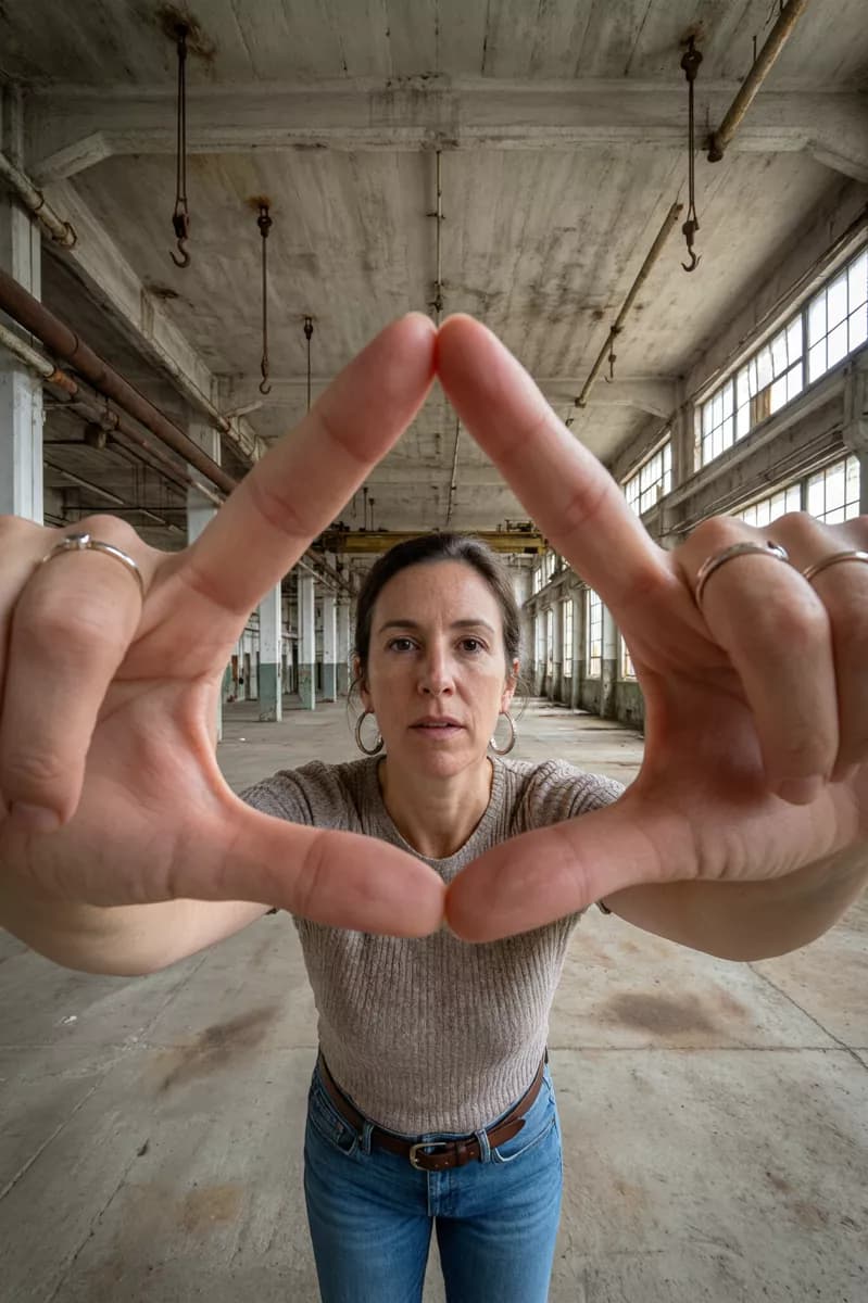 Social marketing: A wide-angle portrait taken from below in an empty industrial floor of a disused