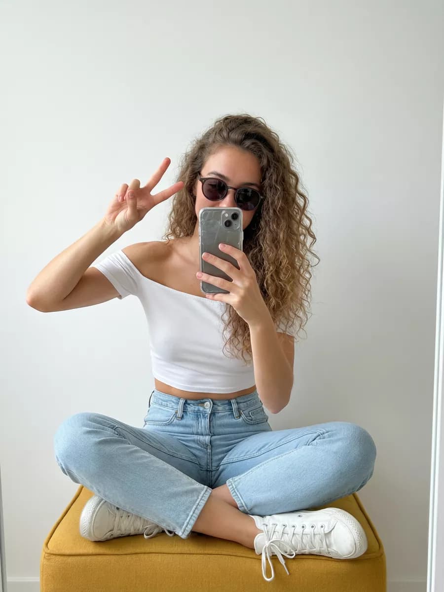 Social marketing: A young woman photographs herself in a mirror against a plain white wall. She si