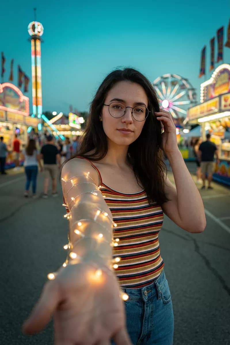 Social marketing: A young woman at a fairground at dusk reaches her arm straight toward the camera