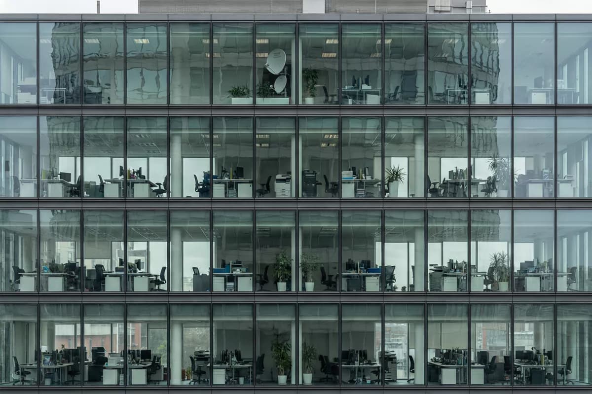 Street and architecture: A flat frontal telephoto view of part of a glass office tower facade, filling th
