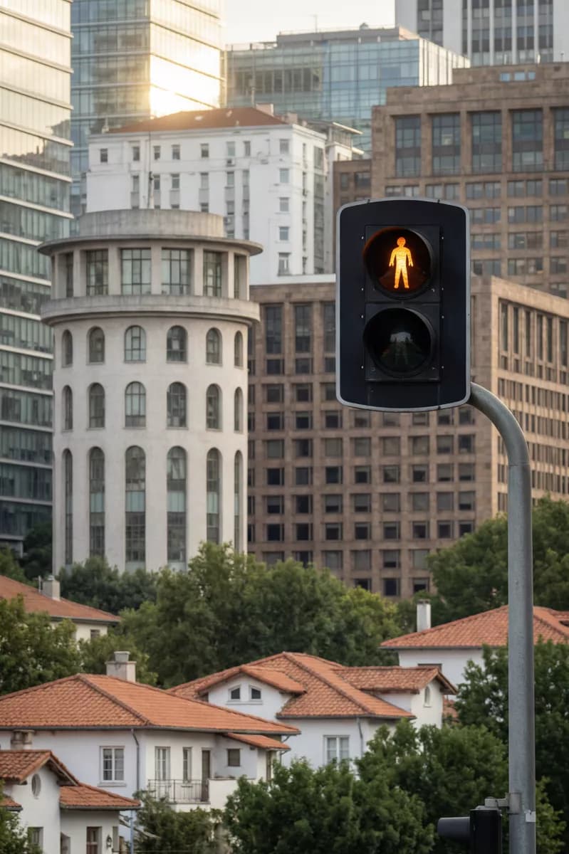 Street and architecture: A vertical telephoto city view with strongly compressed layers of buildings: in 