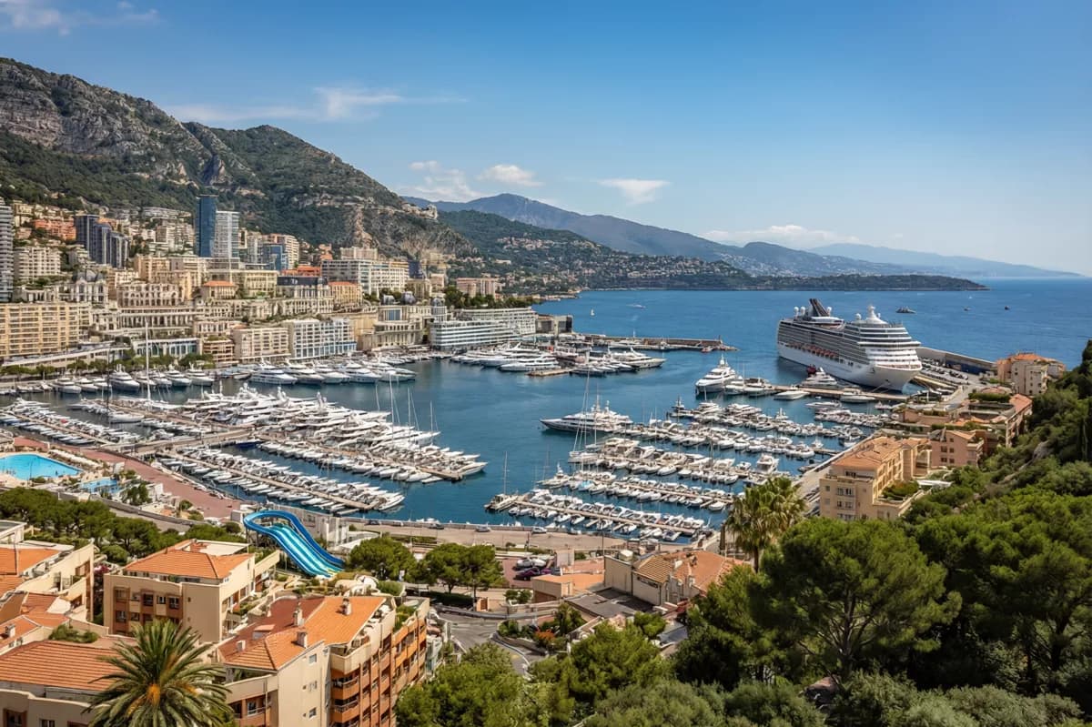 Street and architecture: An elevated wide view of the Monaco harbour from a hillside. In the centre, hund