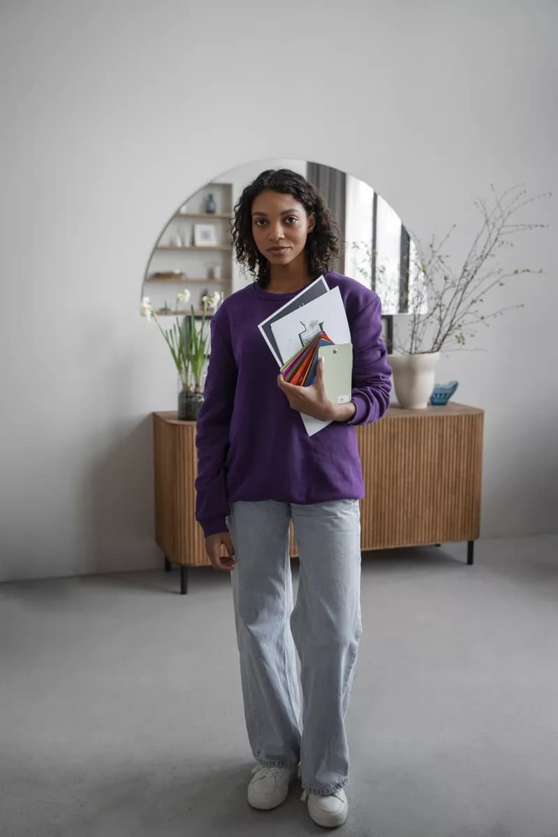 Real photograph — Social marketing: A full-length shot of a young mixed-race woman with shoulder-length curly dark h