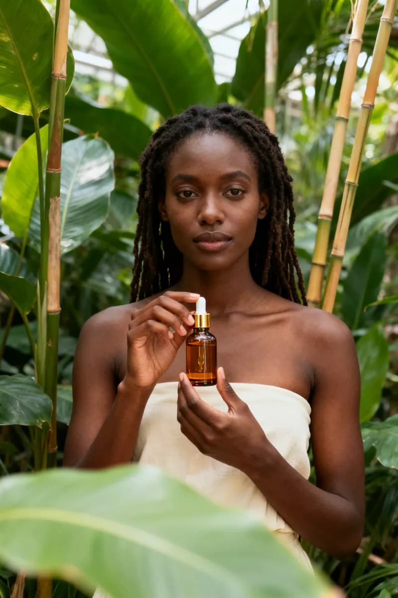 Fashion and beauty: A Black woman with long locs, bare shoulders and a strapless cream top stands am