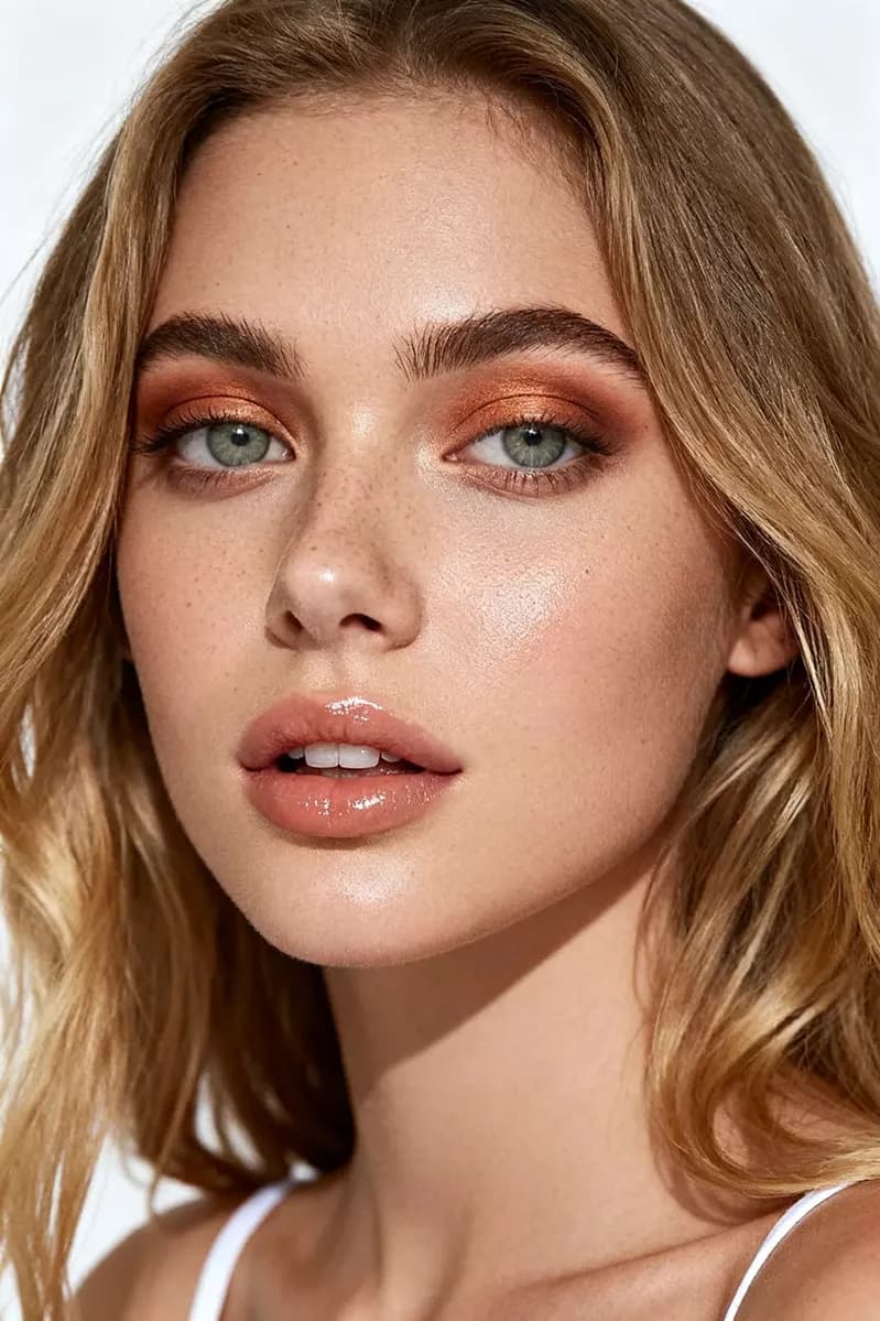 Fashion and beauty: A beauty close-up of a young woman with long wavy honey-blonde hair against a pl