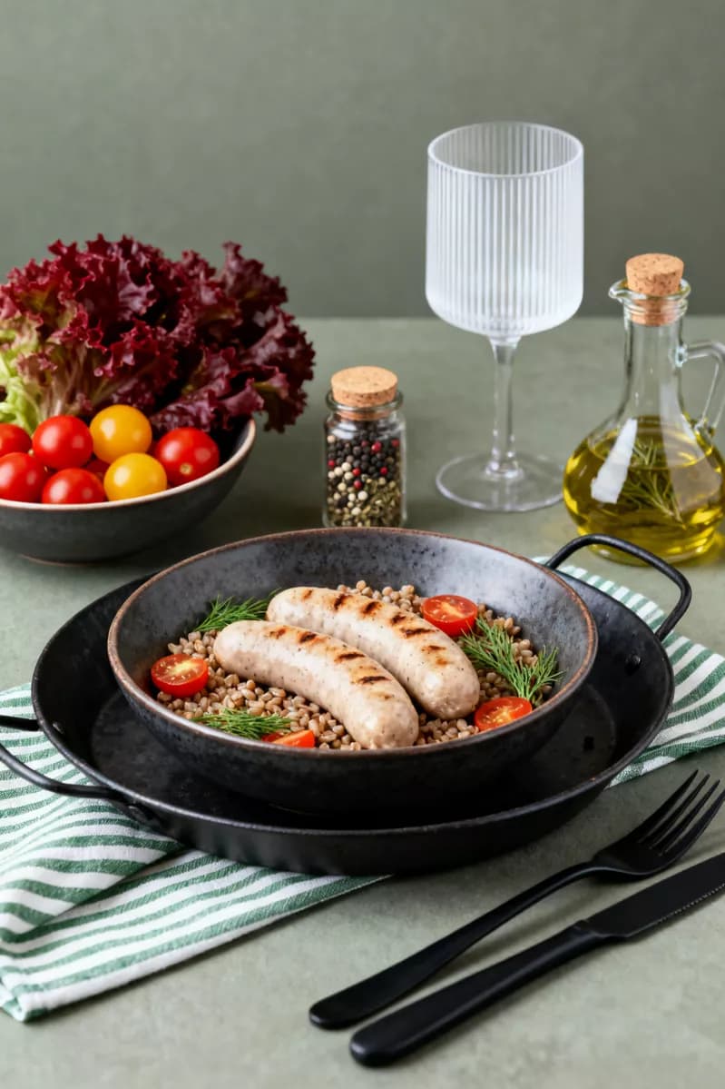 Seedream 4.0 — Food and beverage: A rustic still life on a grey concrete surface: a dark ceramic bowl on a black m