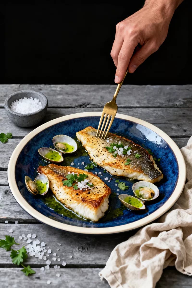 Food and beverage: A vertical dark-mood food shot: a deep blue reactive-glaze plate with a wide cre
