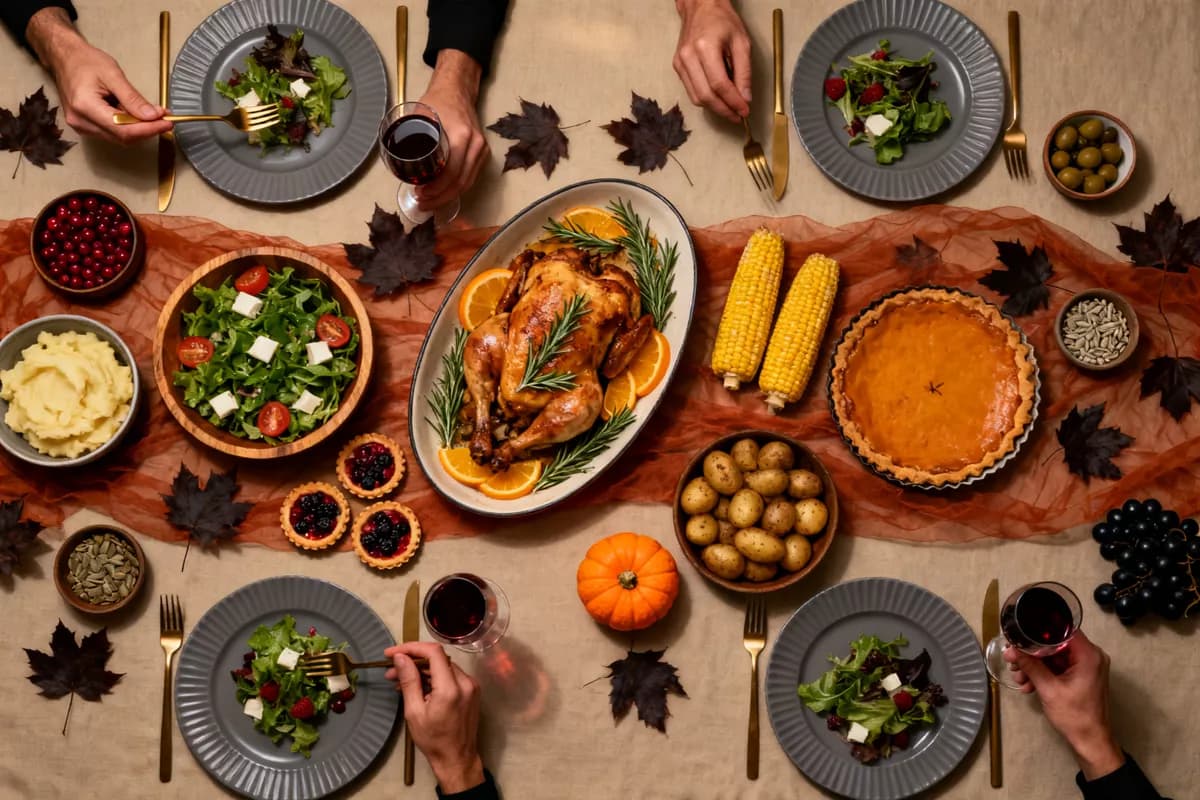 Food and beverage: An autumn holiday dinner table shot straight from above. In the centre a roast c