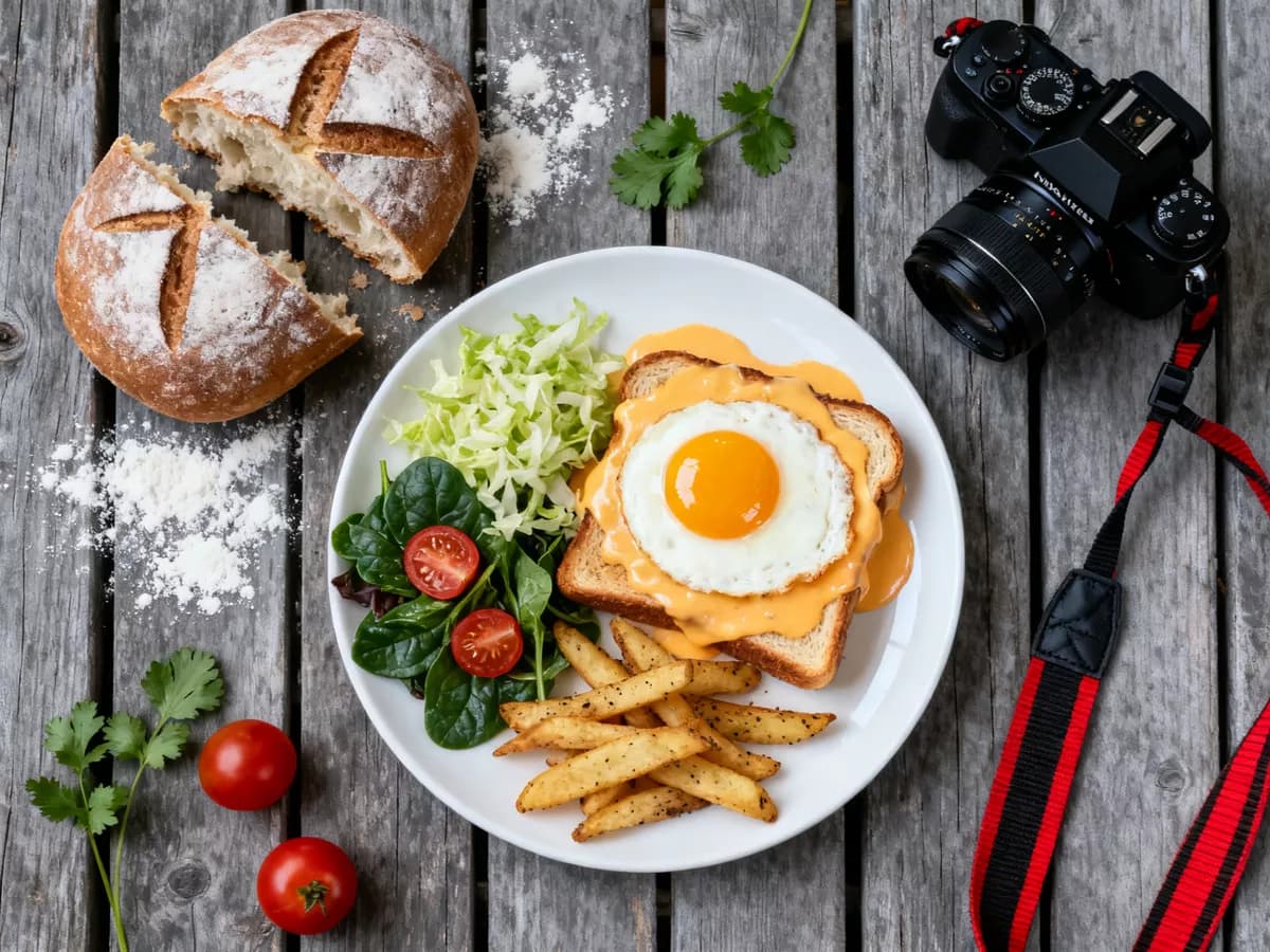 Food and beverage: A top-down food scene on weathered grey planks. A white plate holds a croque-mad