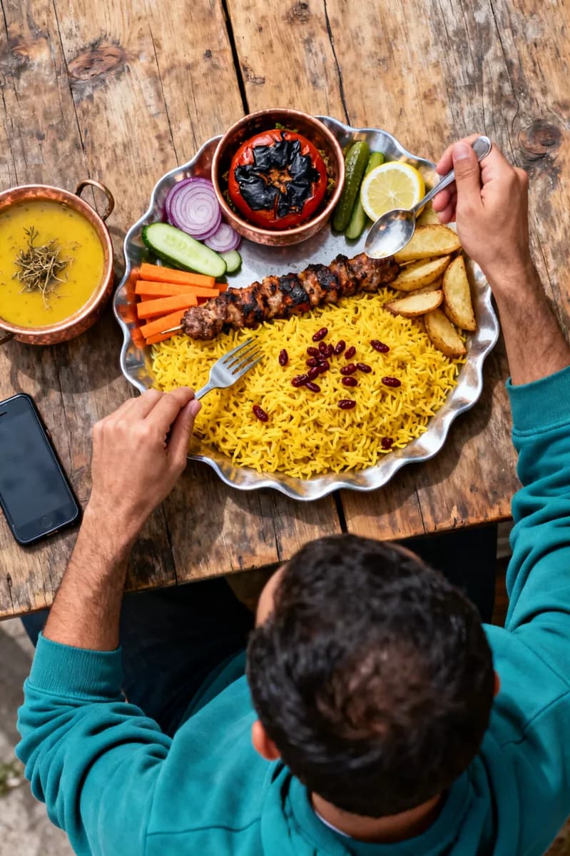 Food and beverage: A Persian meal on a rough wooden table, shot from above at an angle. A large sca