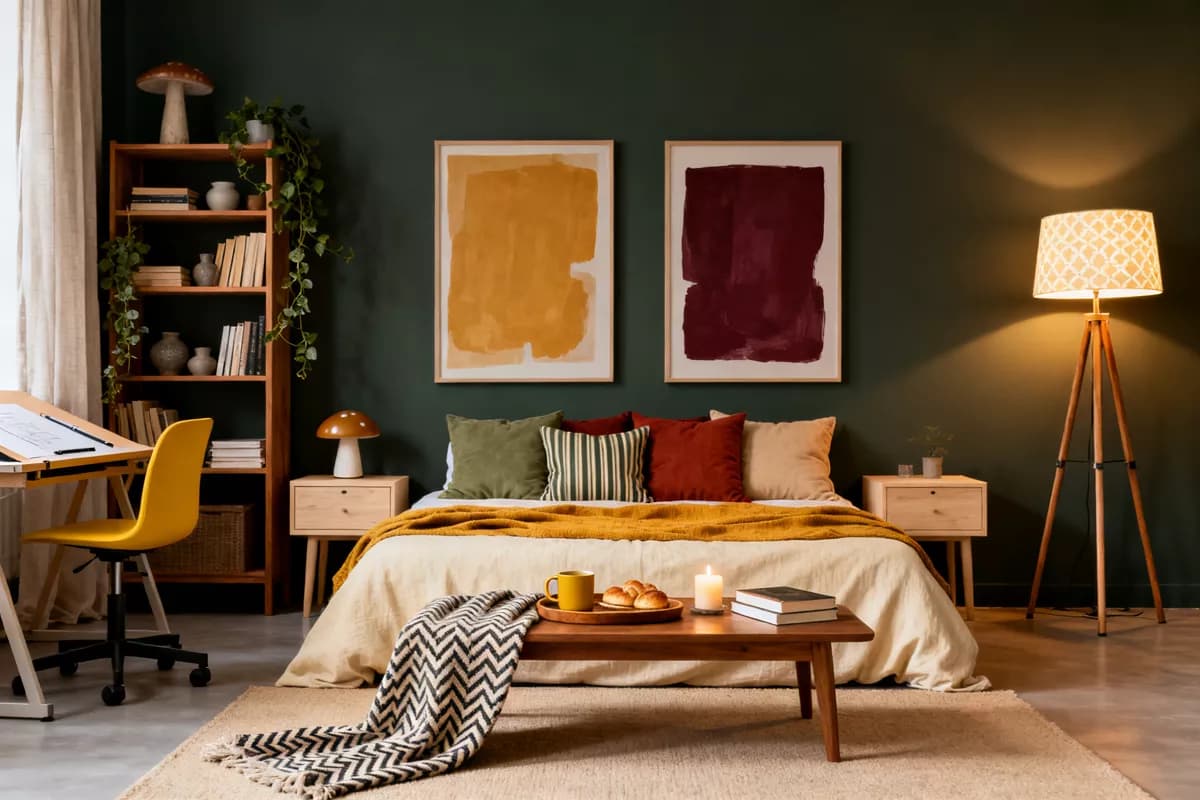 Interior: An evening bedroom with dark green-grey walls. A low bed made up with a cream co