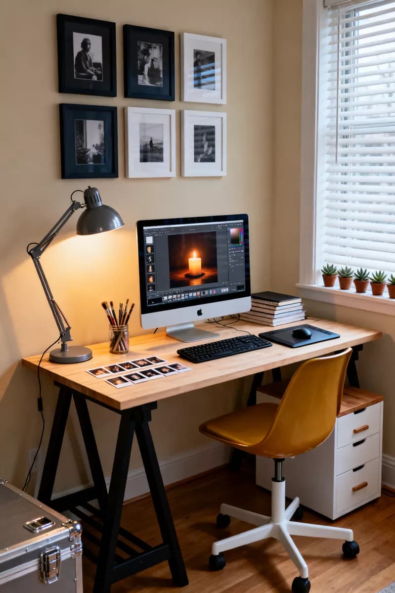 Interior: A cosy home-office corner shot vertically. A light wood desk on black trestle le