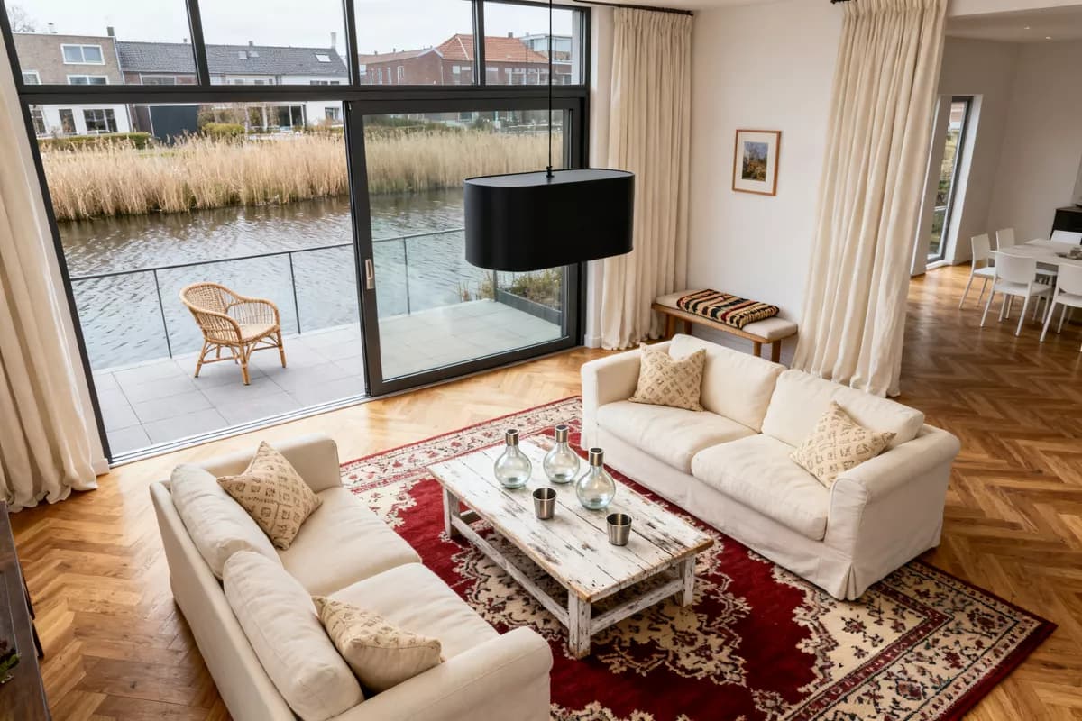 Interior: A bright living room seen from a raised corner viewpoint. Two cream upholstered 