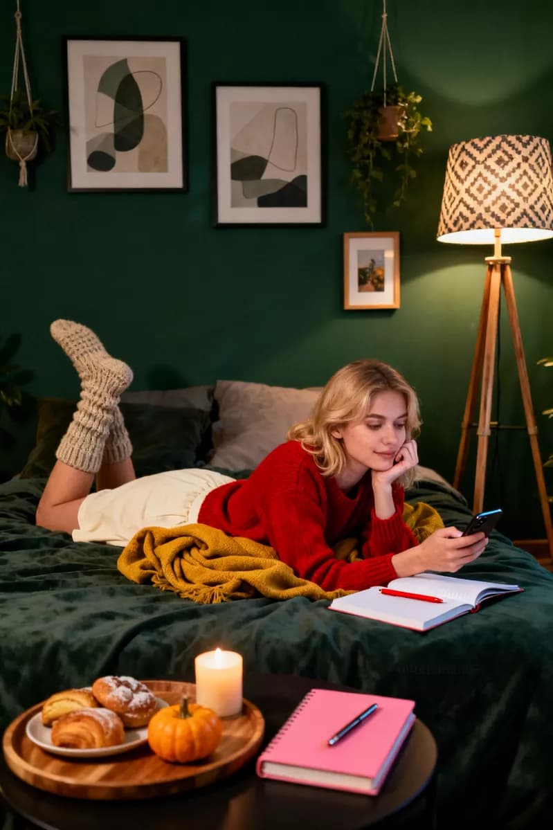 Interior: The same dark green evening bedroom, framed vertically, with a young blonde woma