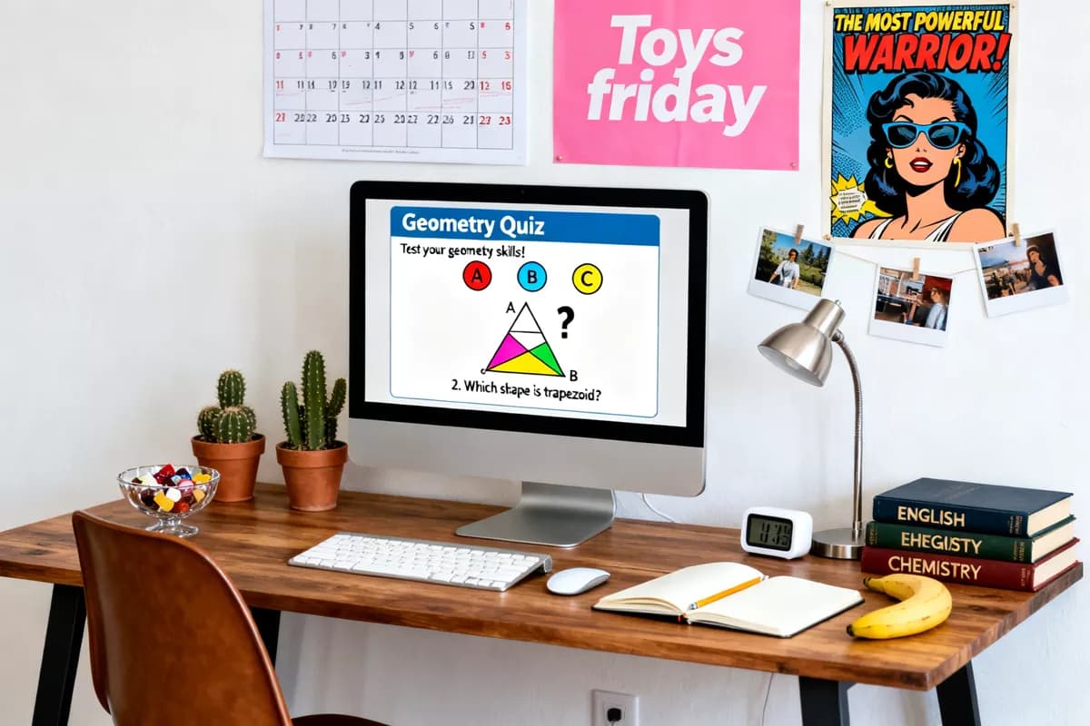Layout and typography: A teenager's home study corner. A silver all-in-one computer on a wooden desk sh