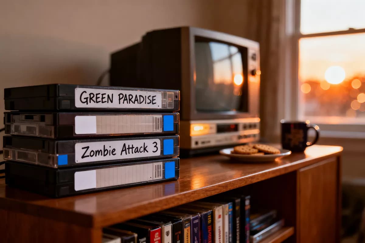 Seedream 4.0 — Layout and typography: A close-up of a stack of four VHS cassettes on a wooden media cabinet, shot alon