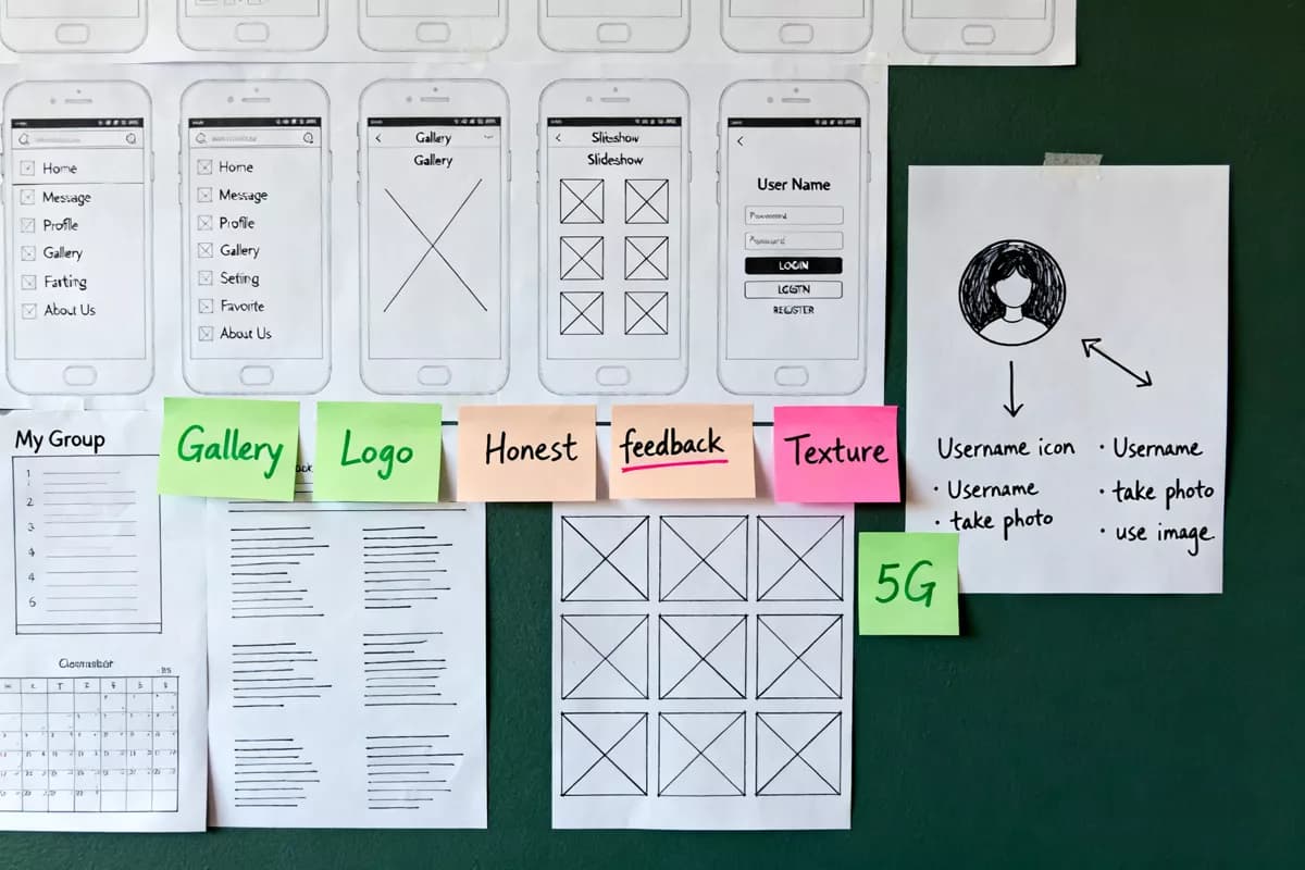 Layout and typography: A UX design wall shot straight on: a dark green surface covered with white paper