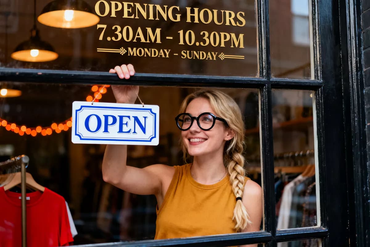 Layout and typography: A woman seen through a shop window as she hangs a sign. She stands inside a diml