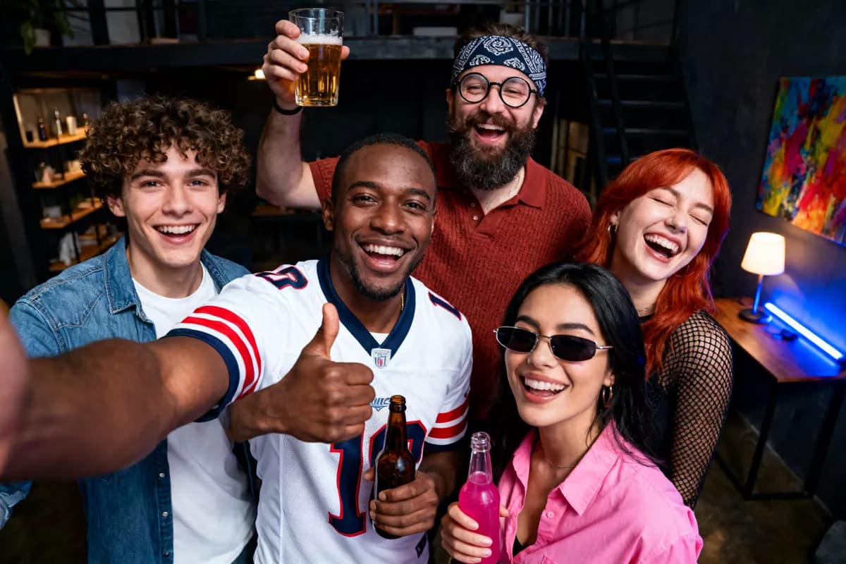 People and lifestyle: A wide-angle group selfie of five friends at a house party, all laughing and cro