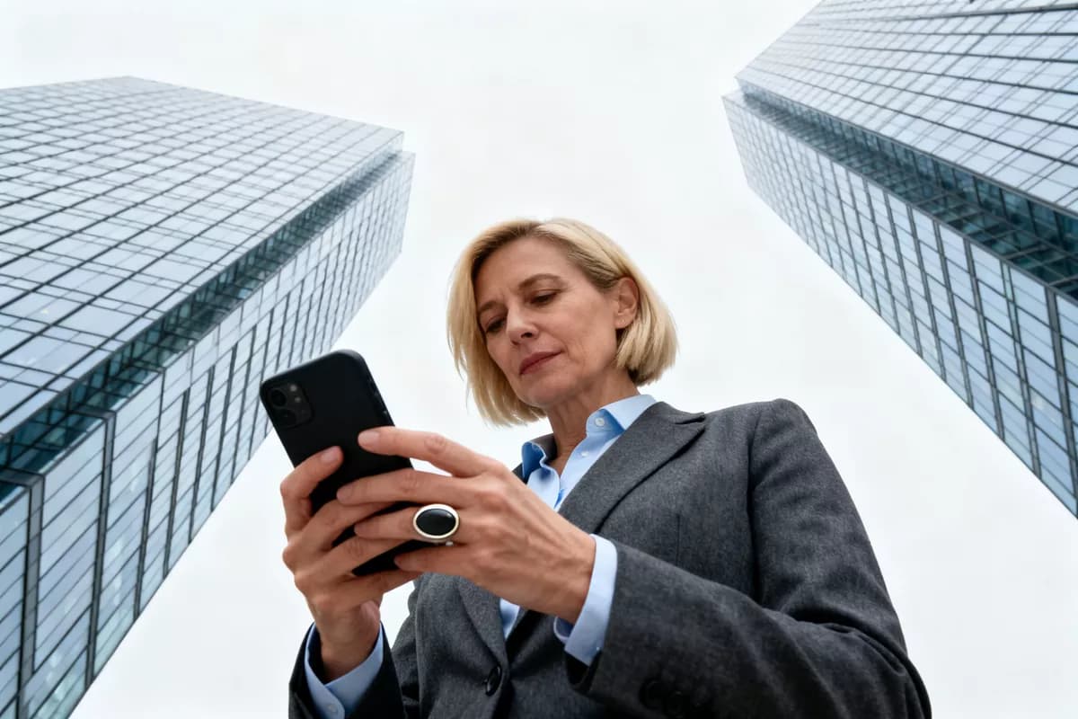 People and lifestyle: A woman in her forties with a short blonde bob, in a charcoal tailored blazer ov