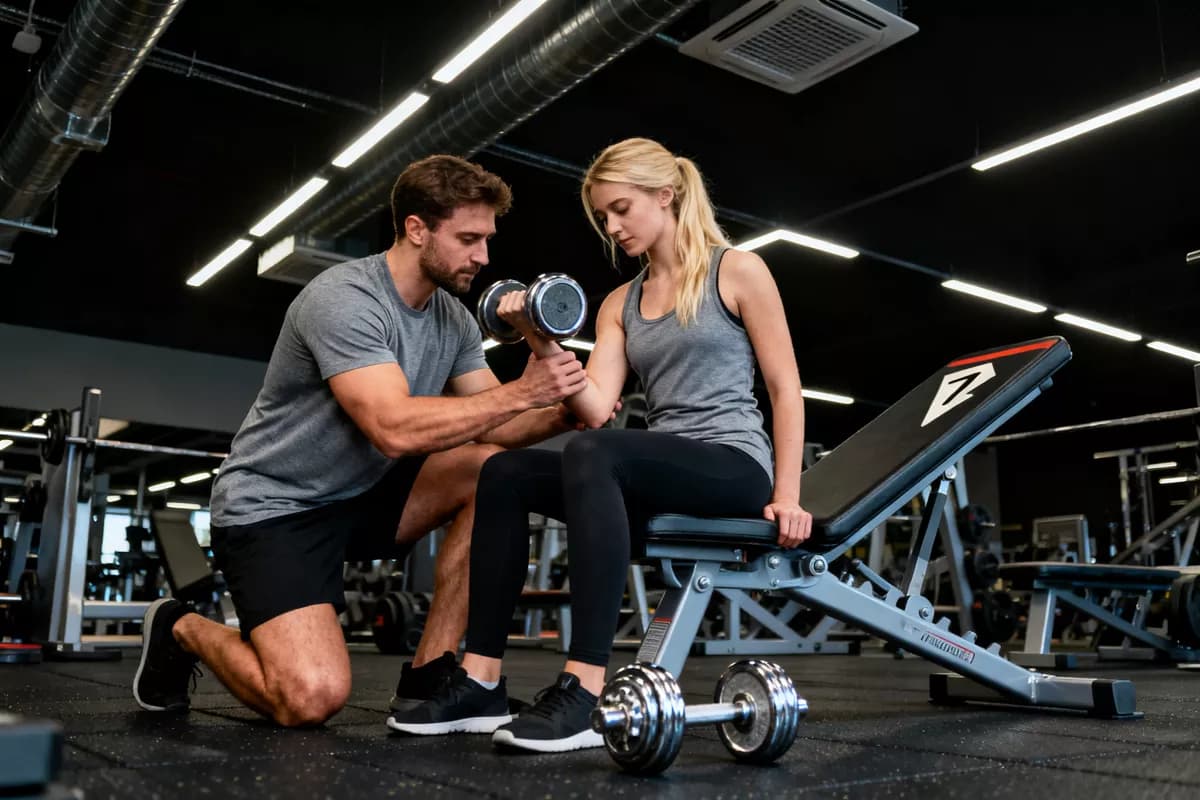 People and lifestyle: A gym scene: a muscular male trainer in a grey t-shirt and black shorts kneels o