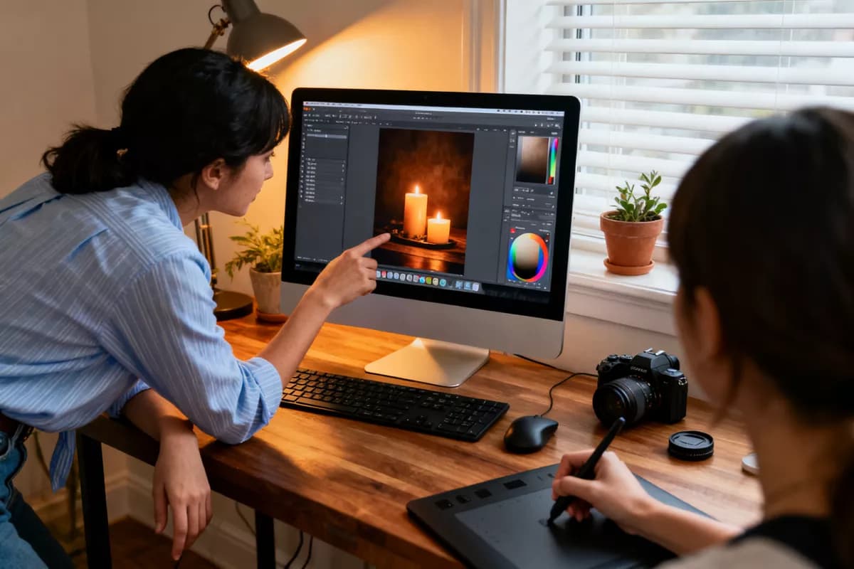 Seedream 4.0 — People and lifestyle: Two young women working together at a home-office desk. The one on the left, in 