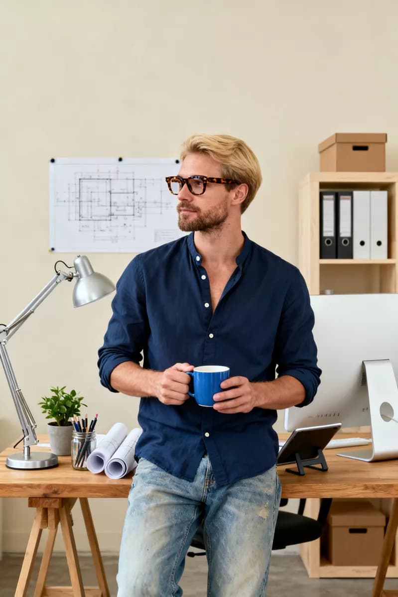 People and lifestyle: A blond man in his thirties with short hair, stubble and dark tortoiseshell glas