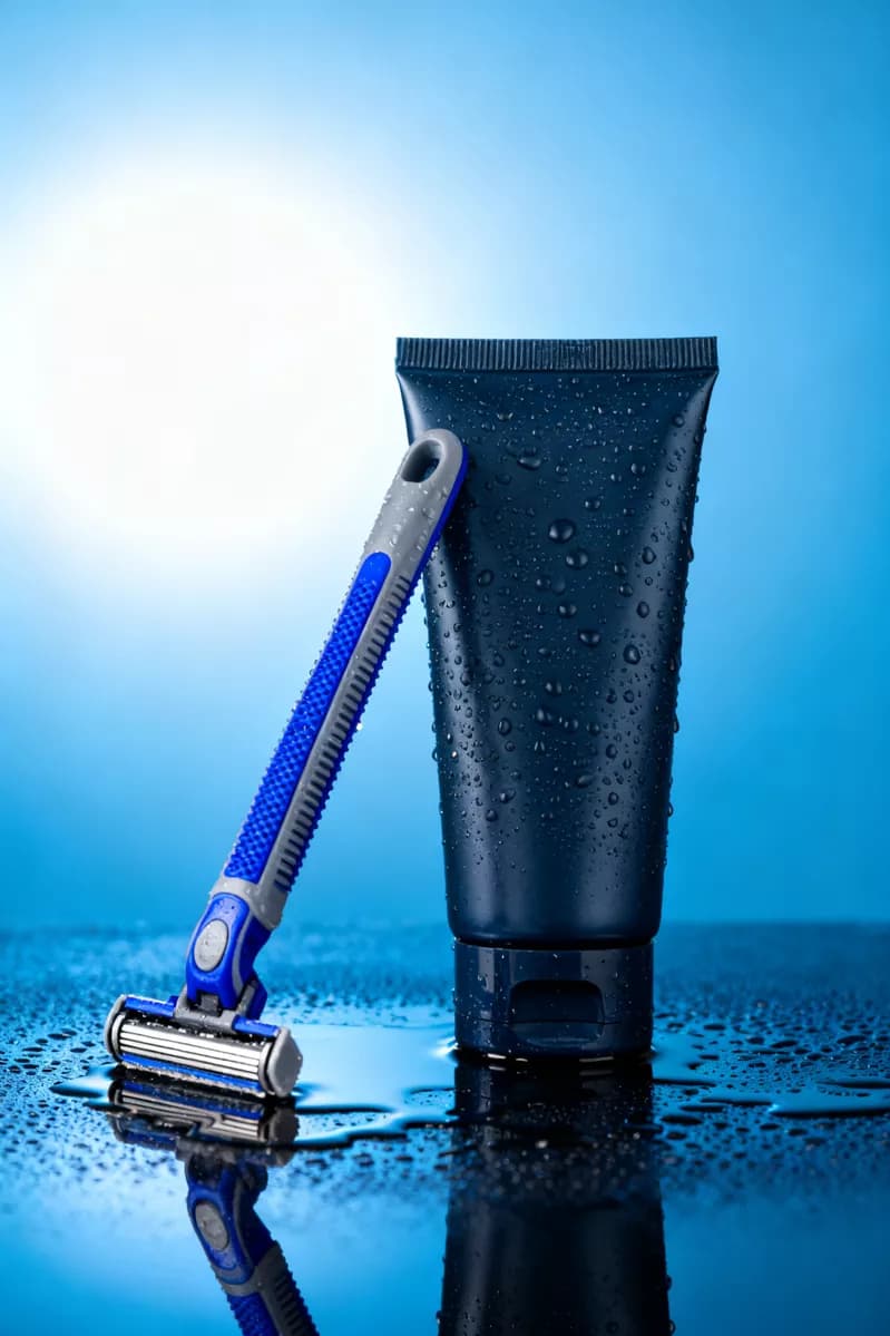 Product and e-commerce: A men's grooming product shot on a wet blue surface: a matte dark navy cosmetic 