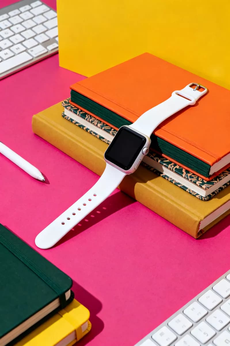 Product and e-commerce: A colour-blocked product still life: a white smartwatch with a square black scre