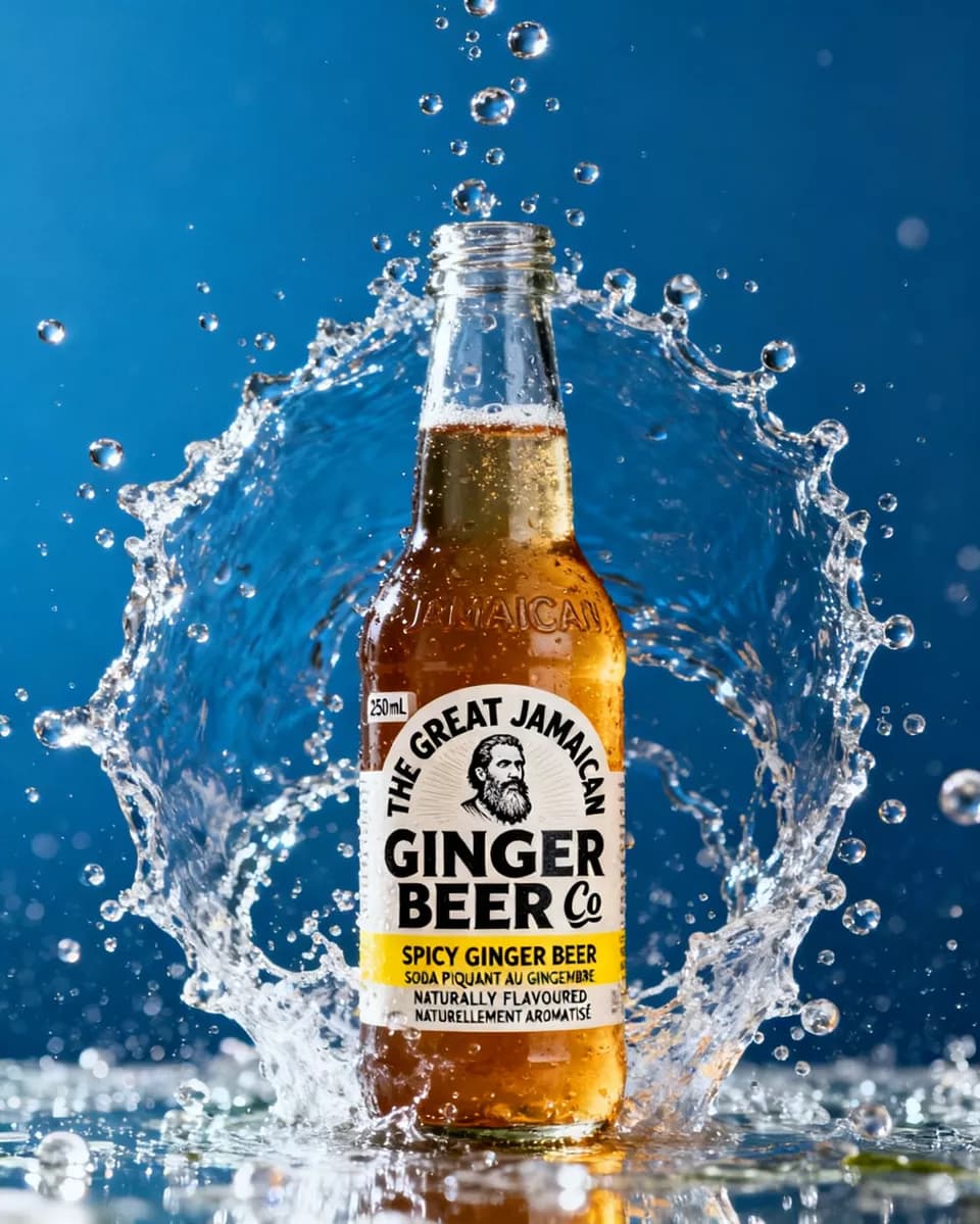 Product and e-commerce: A drinks product shot against a flat mid-blue background. A glass bottle of ging