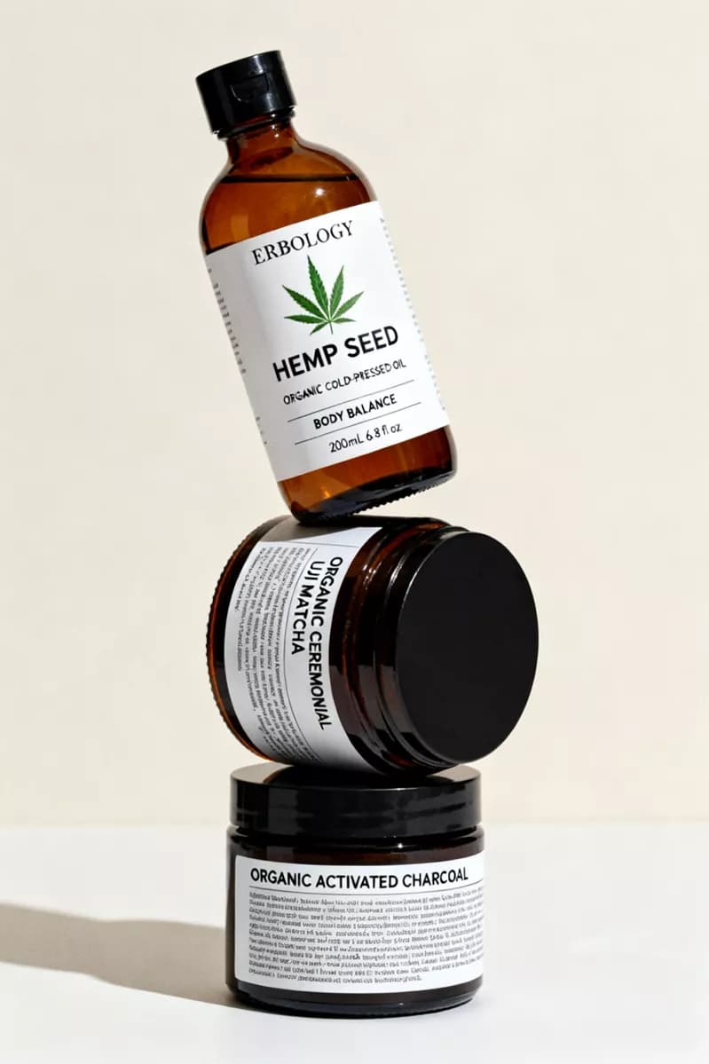 Product and e-commerce: Three amber glass products from one skincare range balanced in an impossible ver