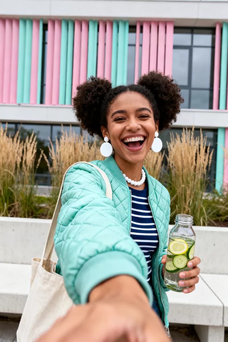 Seedream 4.0 — Social marketing: A low-angle outdoor selfie of a young woman with dark curly hair in two afro puf