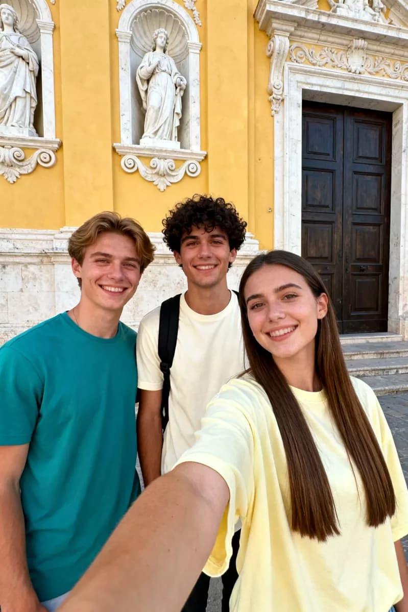 Social marketing: A vertical selfie of three friends in front of a baroque church facade painted w
