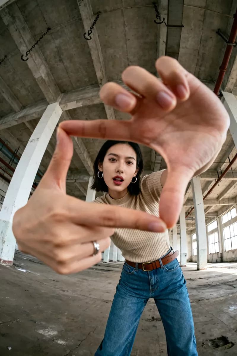 Social marketing: A wide-angle portrait taken from below in an empty industrial floor of a disused