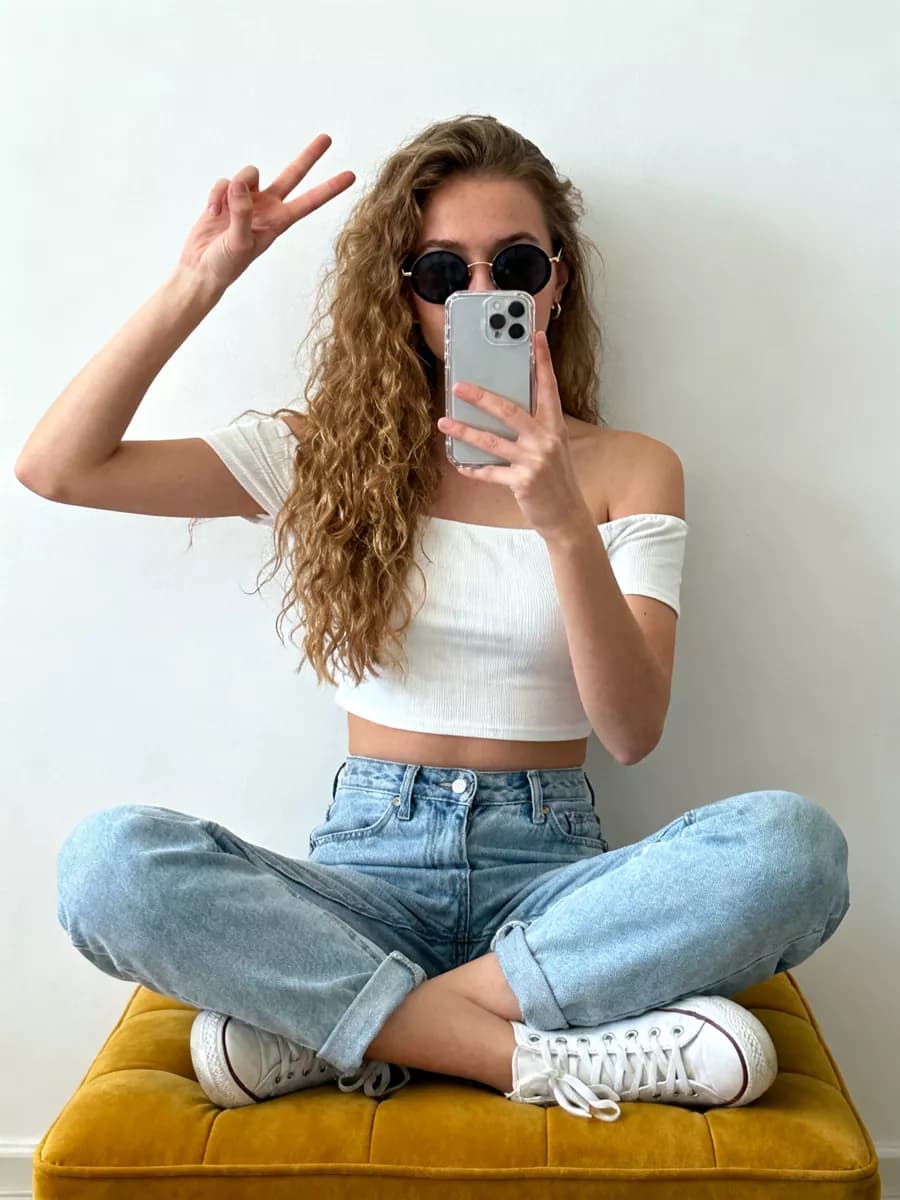 Social marketing: A young woman photographs herself in a mirror against a plain white wall. She si