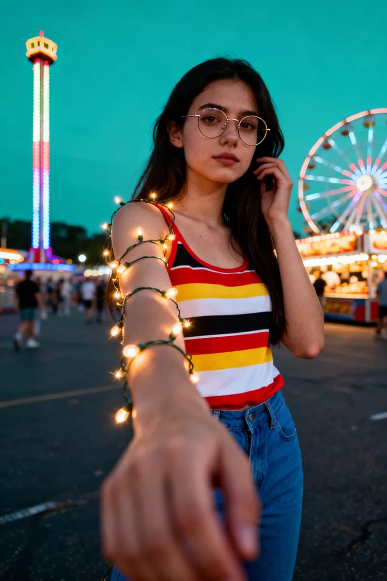 Social marketing: A young woman at a fairground at dusk reaches her arm straight toward the camera