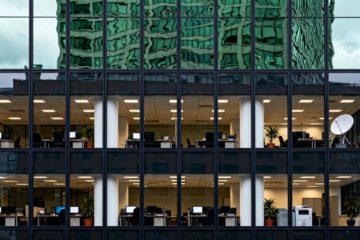Street and architecture: A flat frontal telephoto view of part of a glass office tower facade, filling th